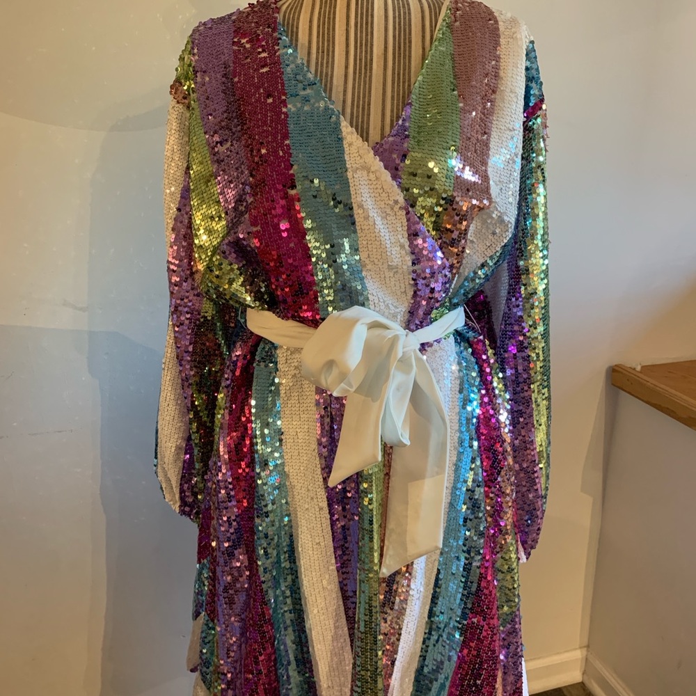 Eloquii size 14 sequined striped mini dress with white satin belt.
